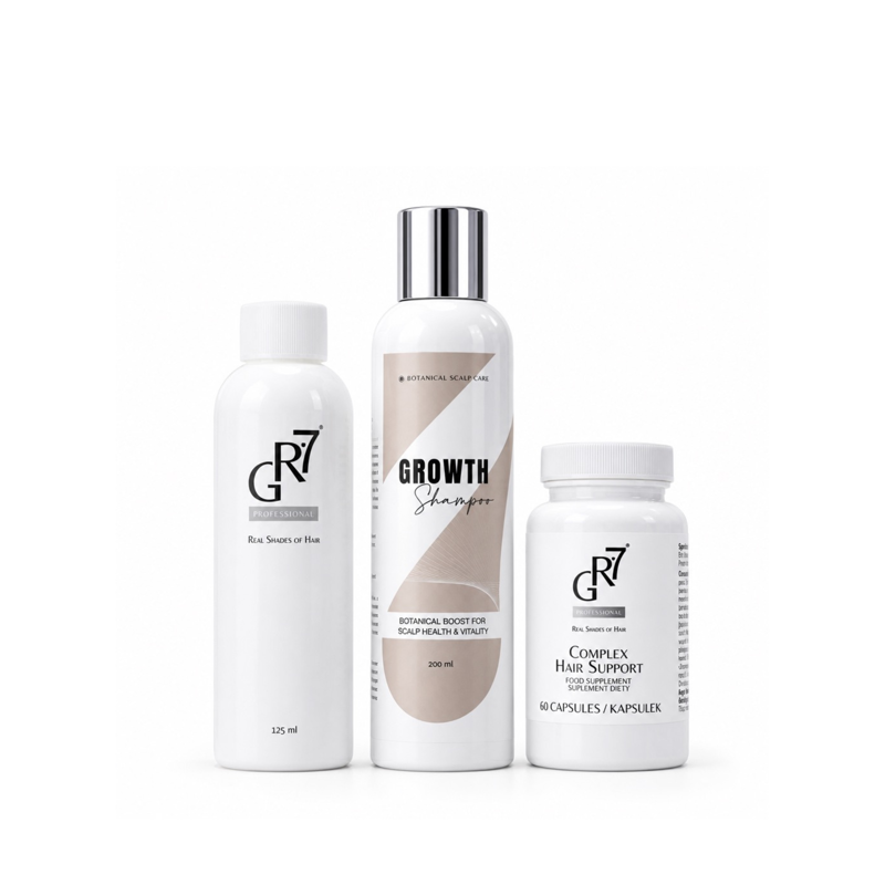 GR-7 Kompletná kúra proti šedinám: Tonikum GR-7 + vitamíny na vlasy HAIR SUPPORT + výživný šampón Growth