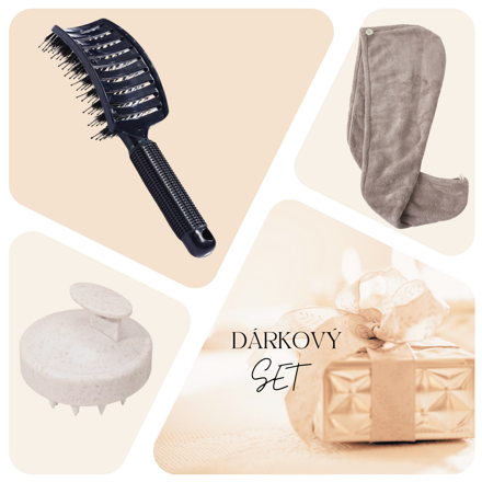 Darčekový set: Rýchloschnúci uterákový turban, masážna kefa + hrebeň s diviačími štetinami